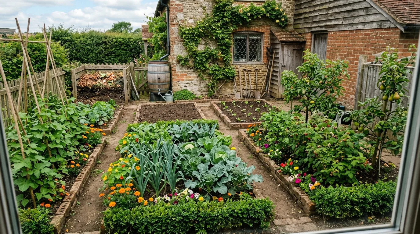 Kitchen garden and fruit trees: food visible from the window