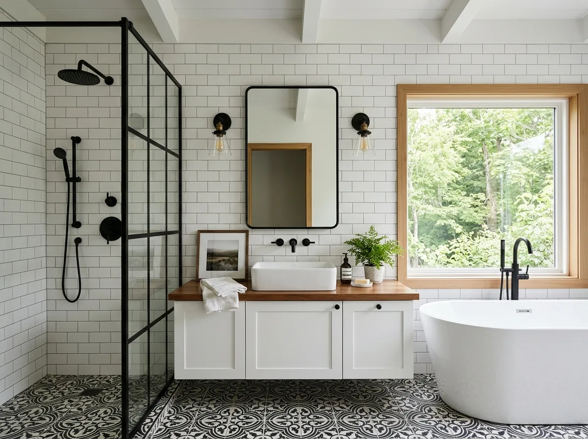 Modern Farmhouse - Bathroom: White Tiles, Black Frame, and Wooden Counter