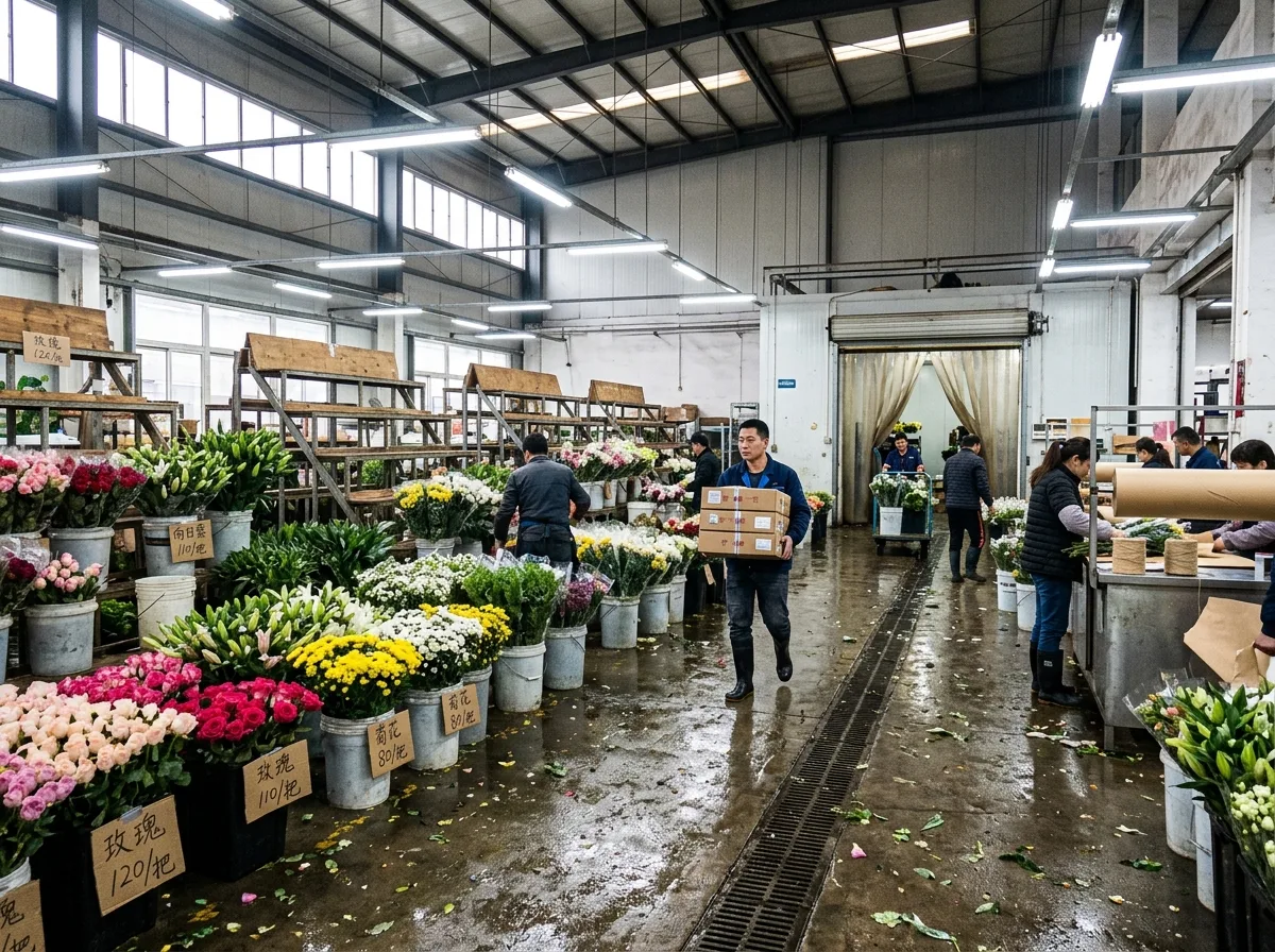 市場型卸売花屋：バケツ、水、早朝