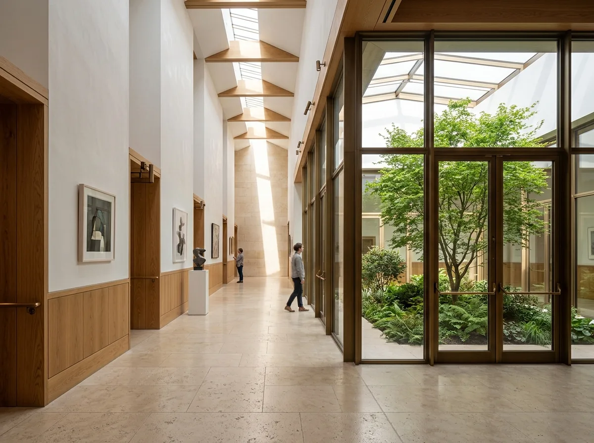 Courtyard-lit Civic Room: Limestone, Oak, and White Stucco