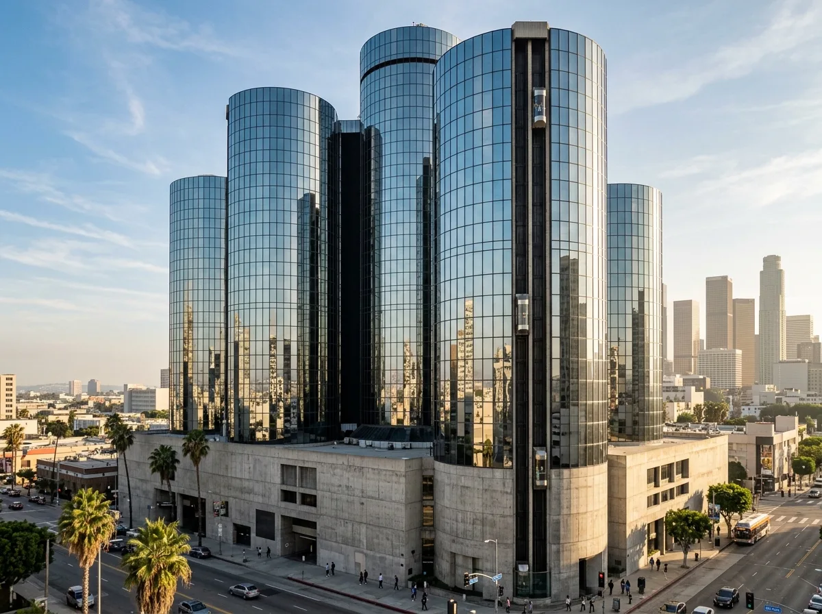 Five Mirrored Cylinders: A Cluster of Reflective Glass Towers and a Podium