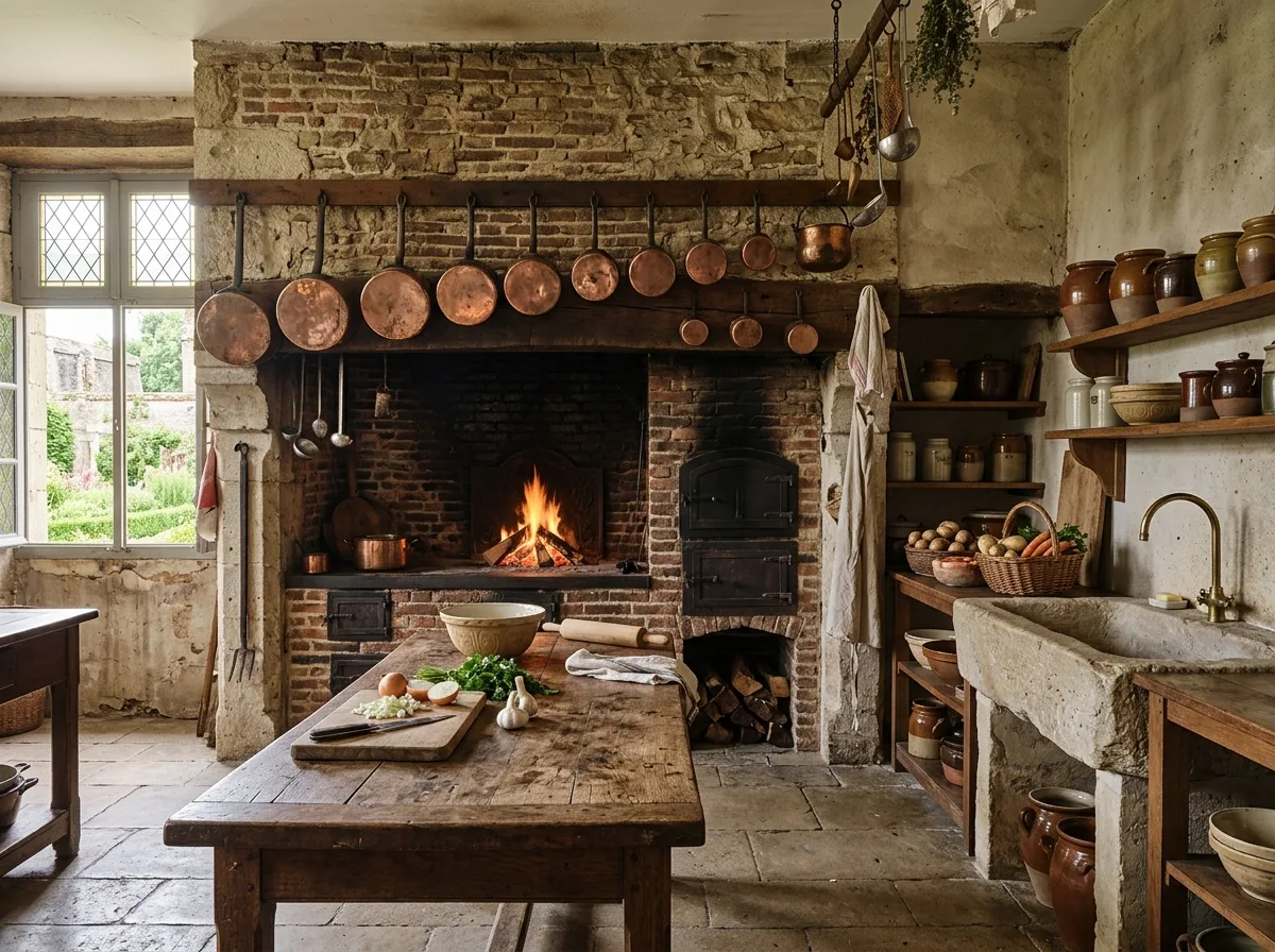 Manor - Kitchen: Brick Hearth and Knife-Marked Table