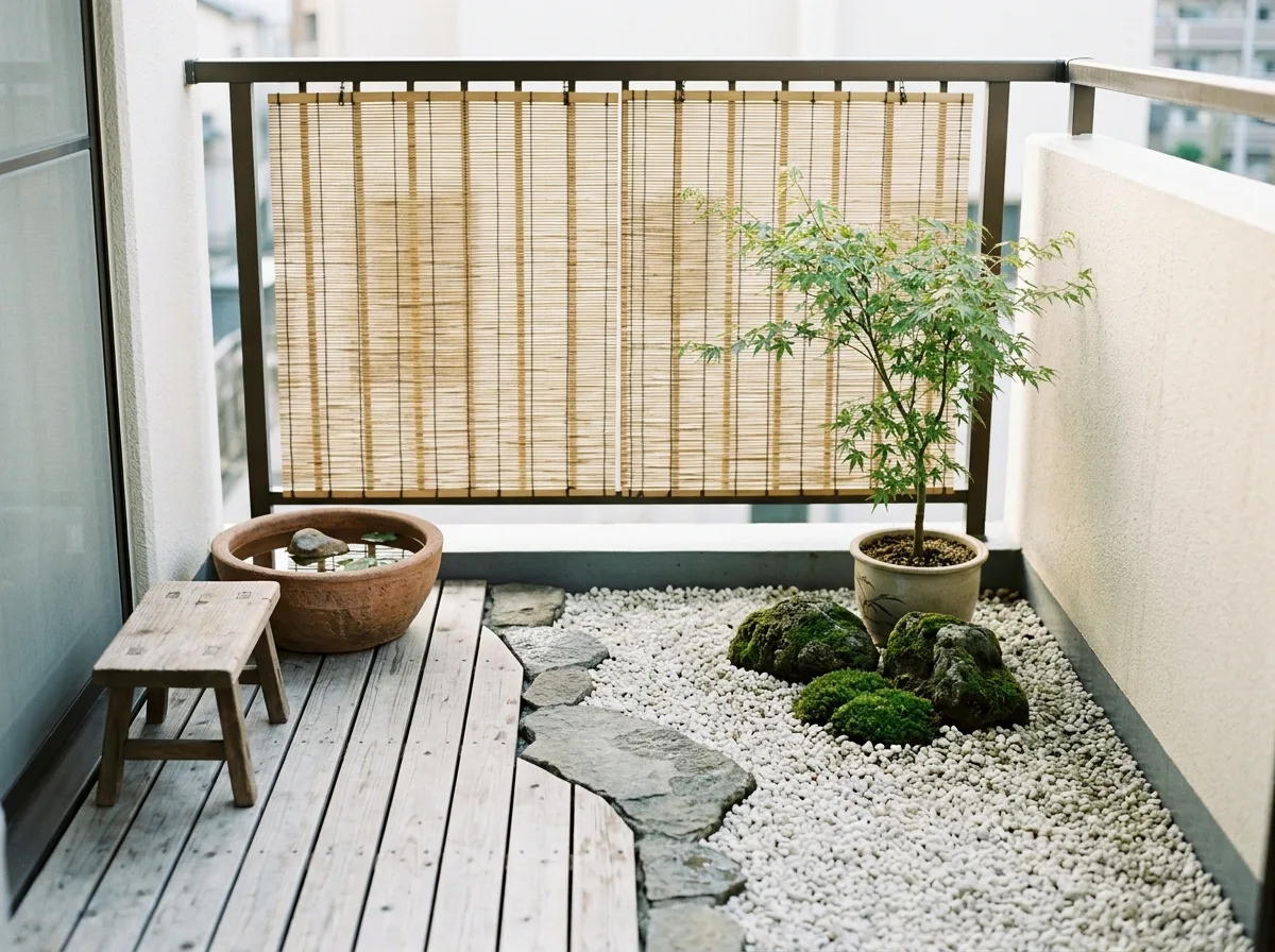 Light Japanese Style • Balcony: Gravel, Moss, and a Low Stool