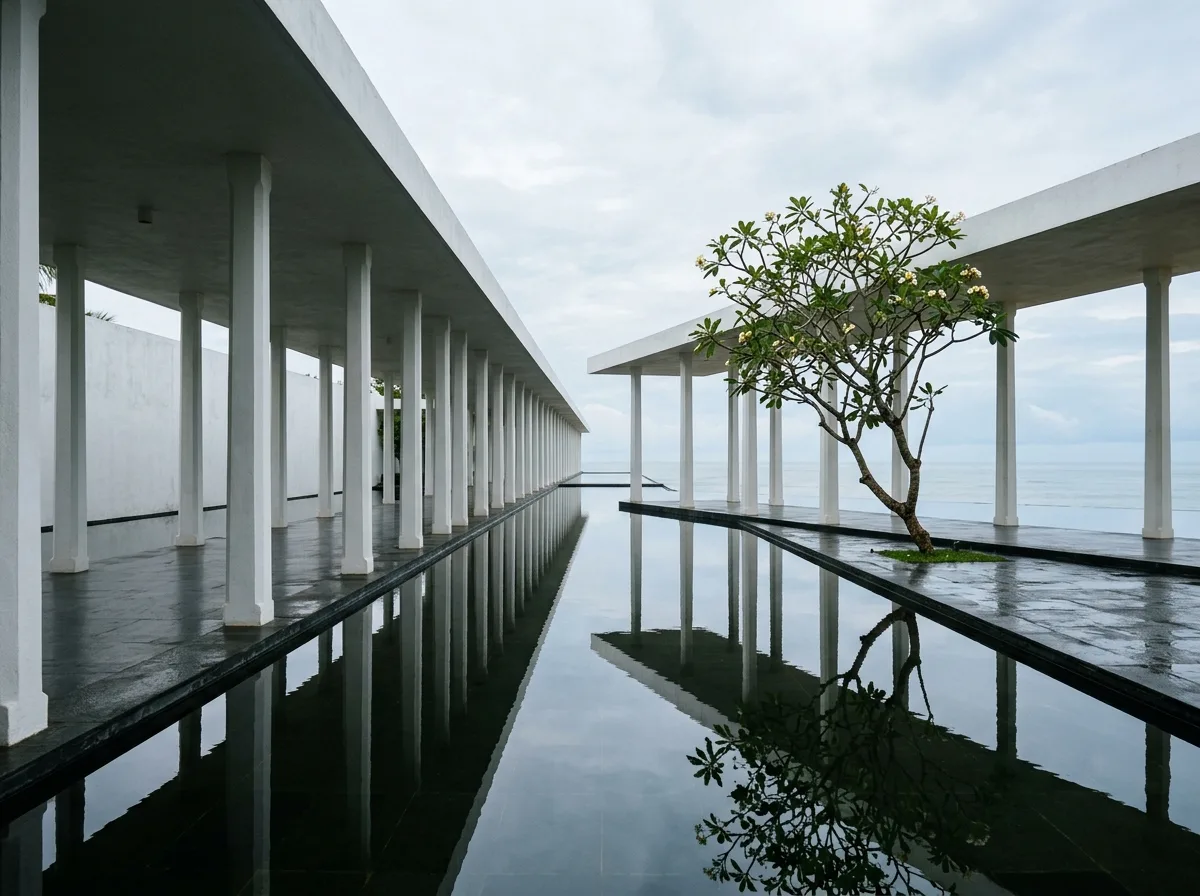 Waterside Corridor Hotel: Pillar Shadows, Reflections, and the Horizon