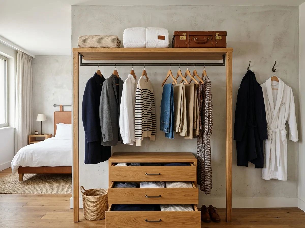No Wardrobe: Open Hanging Rods and One Drawer