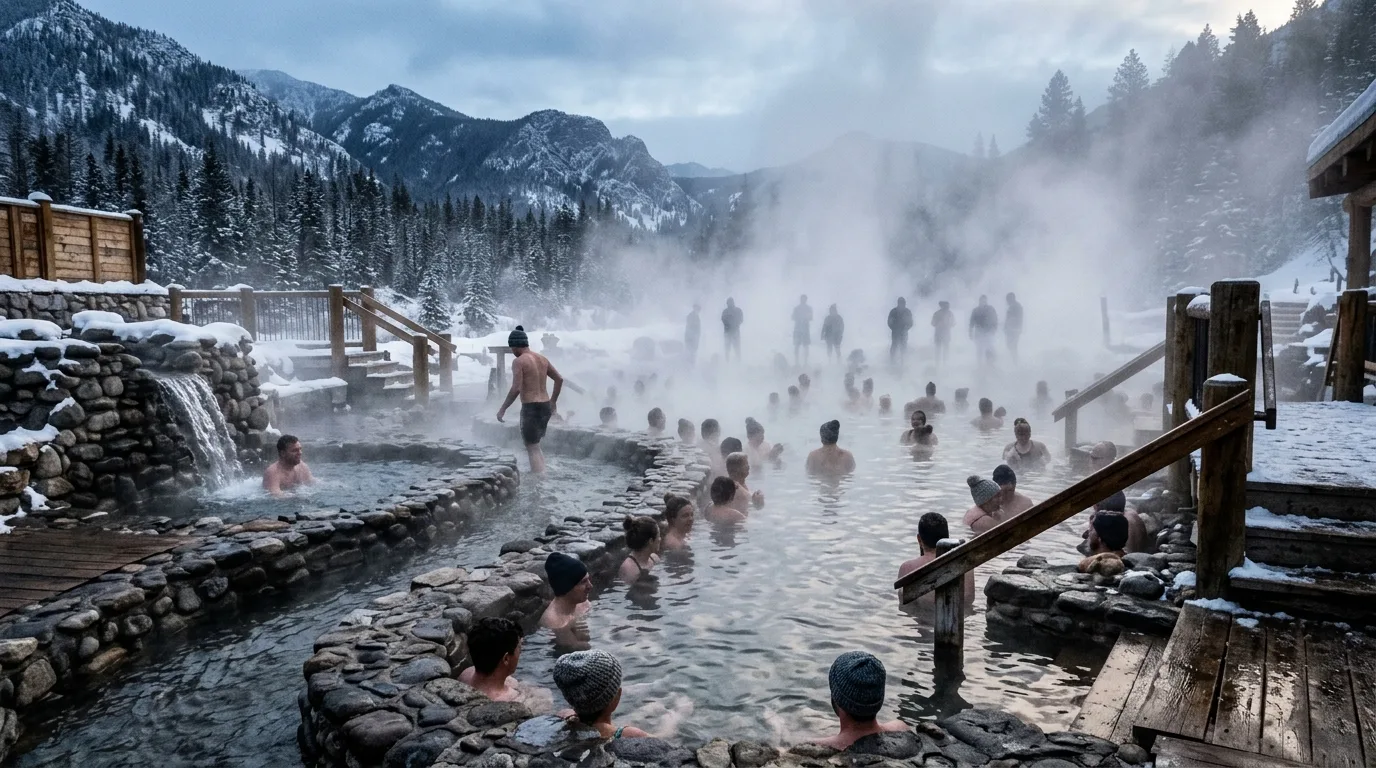 温泉ウォーターパーク：湯の温度と冬の蒸気