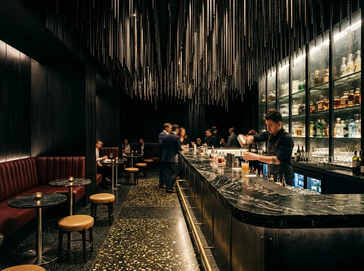 Cinematic Bar: Sculptural Ceiling and Material Clash