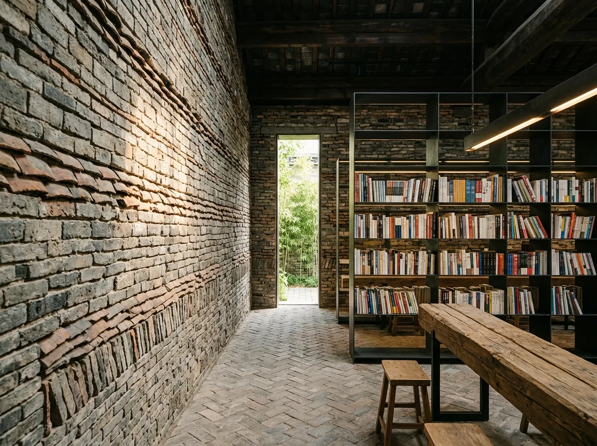 Recycled Brick and Tile Bookstore: Layers of Old Materials Reimagined
