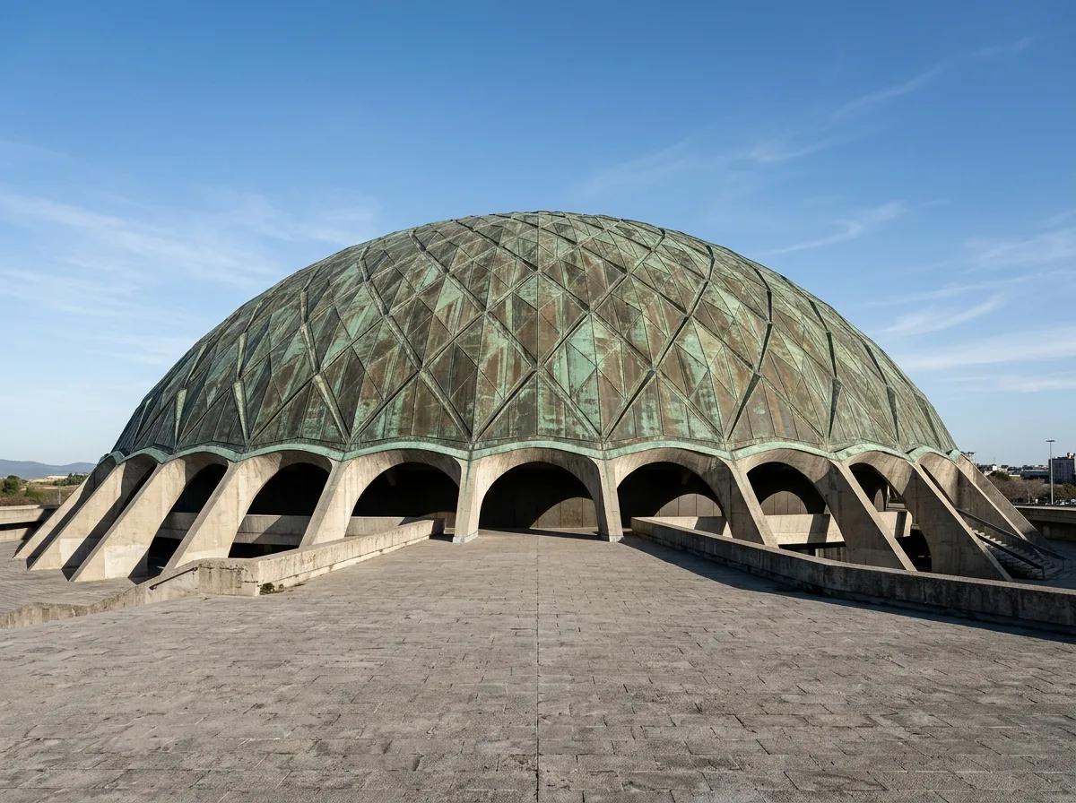 Copper Mesh Shell Stadium: Diamond Roof and Sloping Grandstands