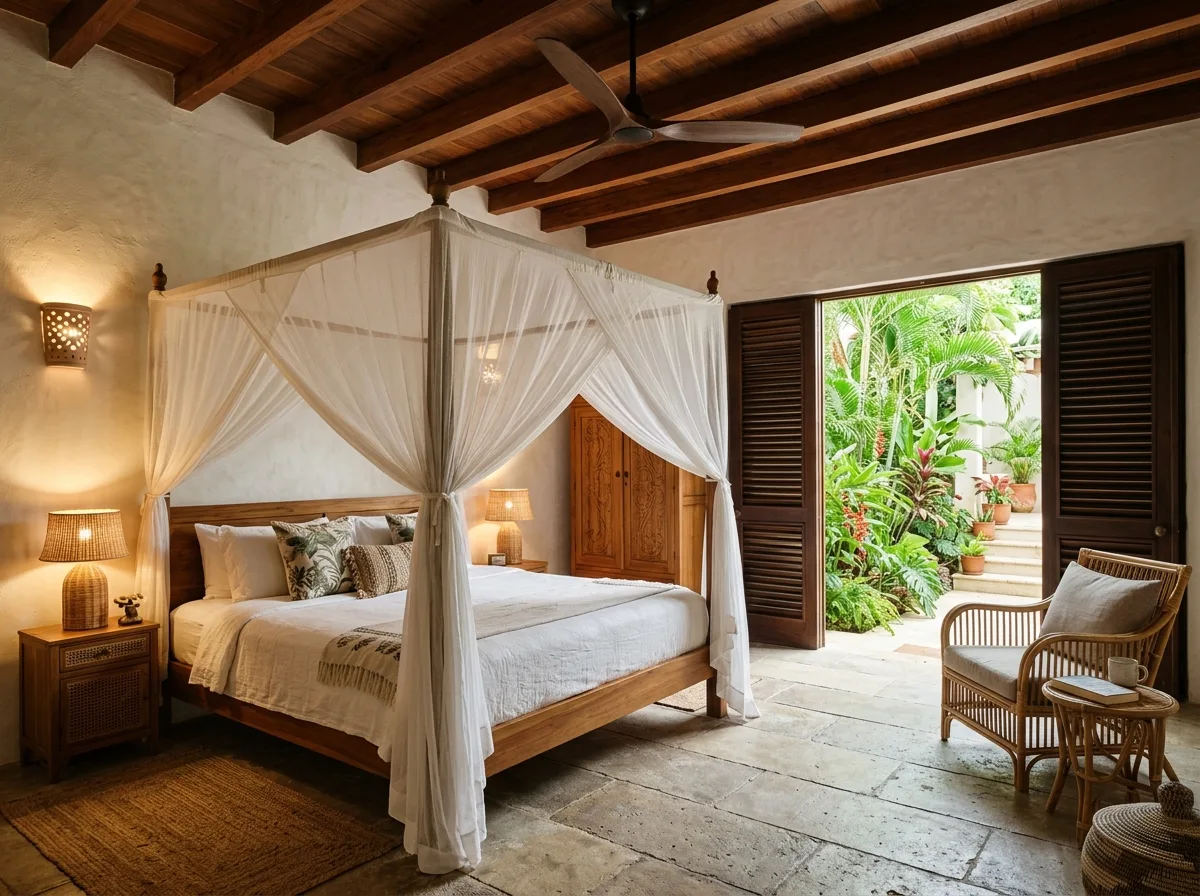 Southeast Asian Resort: Teak, Rattan, and White Gauze