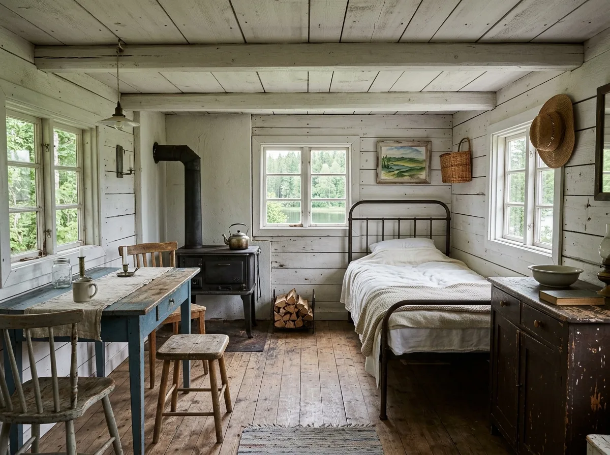 Nordic・Vacation Cabin: Red Walls and White Frames Inside
