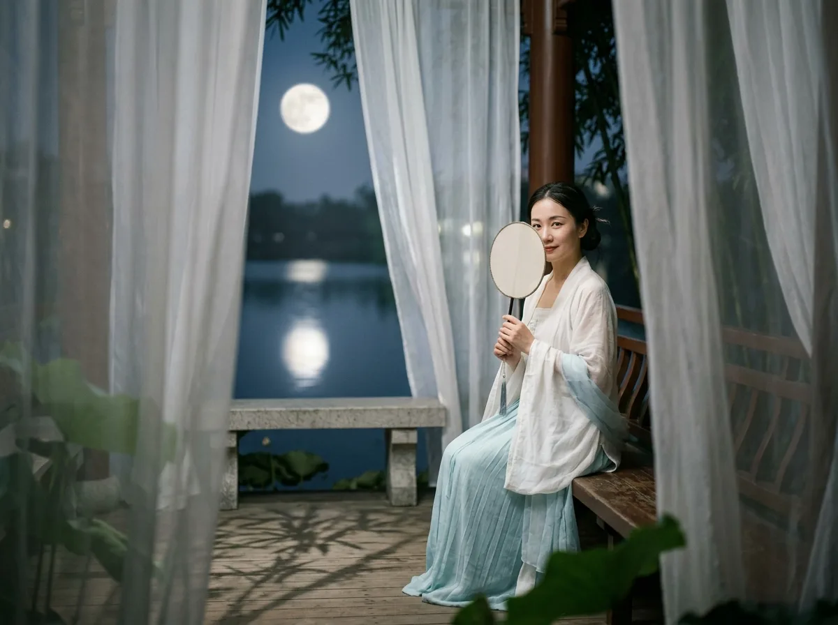 古风月夜・水亭轻纱与团扇半遮面