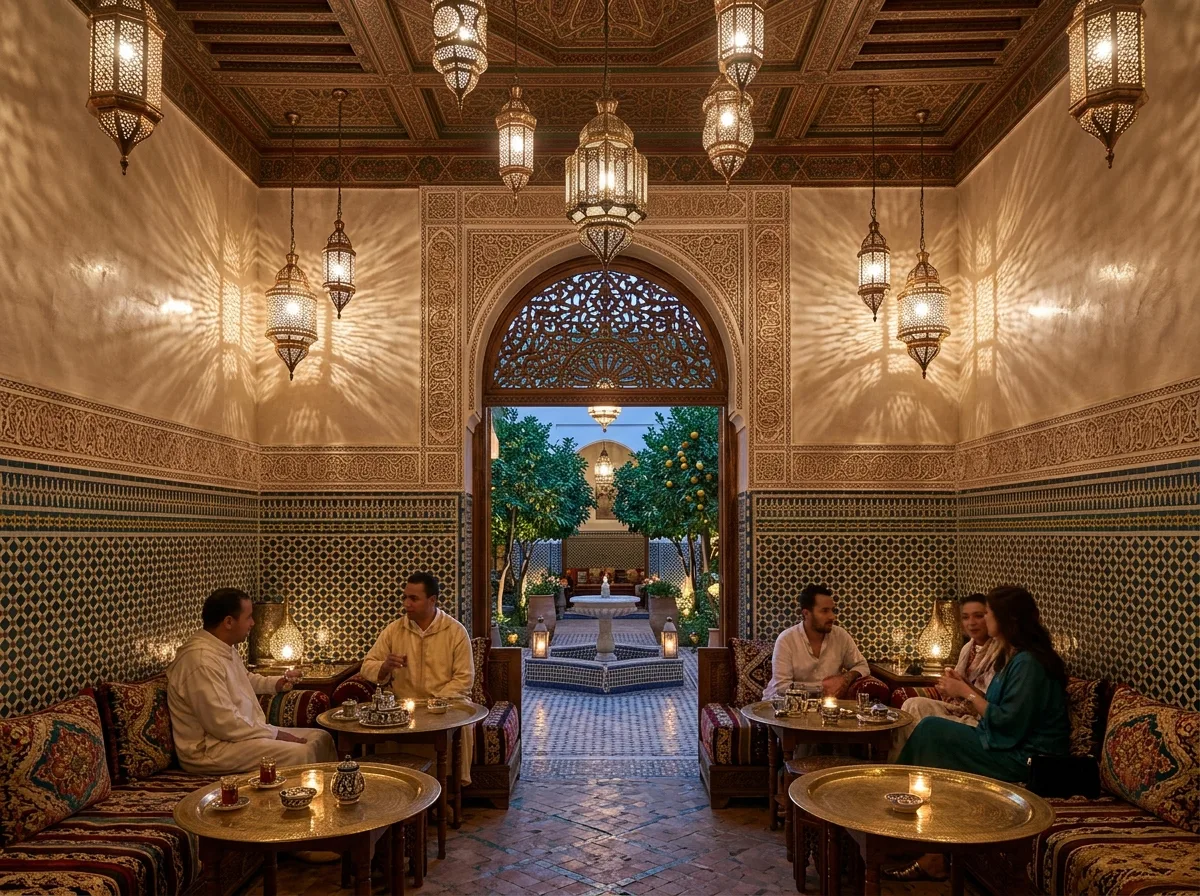 Moroccan Restaurant: Geometric Tiles, Carvings, and Light Shadows