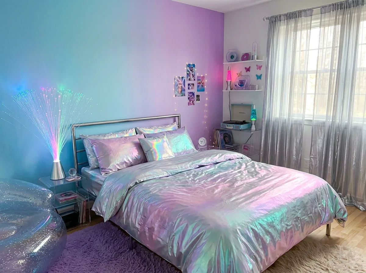 Y2K Bedroom: Iridescent Bedding and Fiber Optic Lamp
