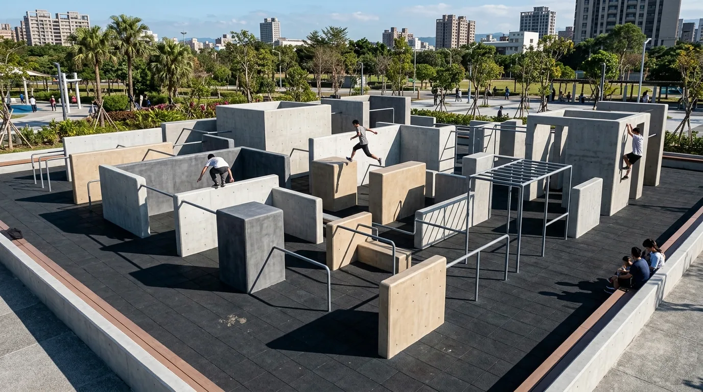 Parkour Experience Zone: Concrete Volumes and Elevation Challenges
