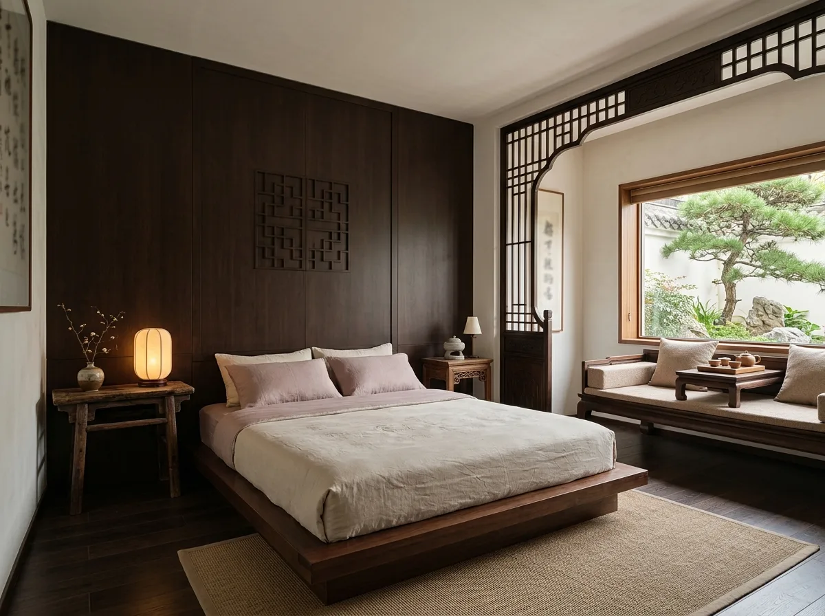 New Chinese Style - Master Bedroom: Daybed, Screen, and a Window