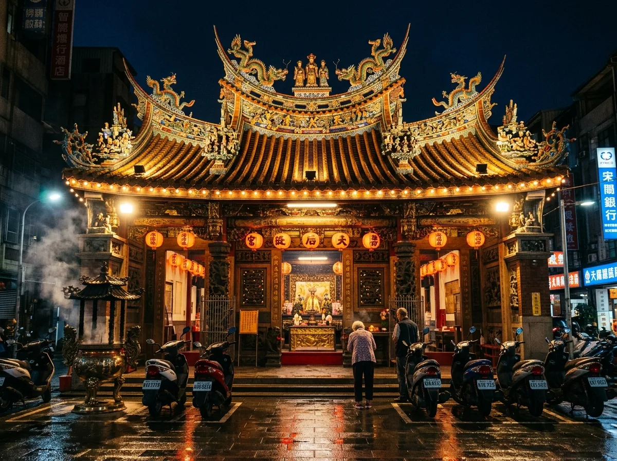 夜间寺庙：泛光灯下的屋脊