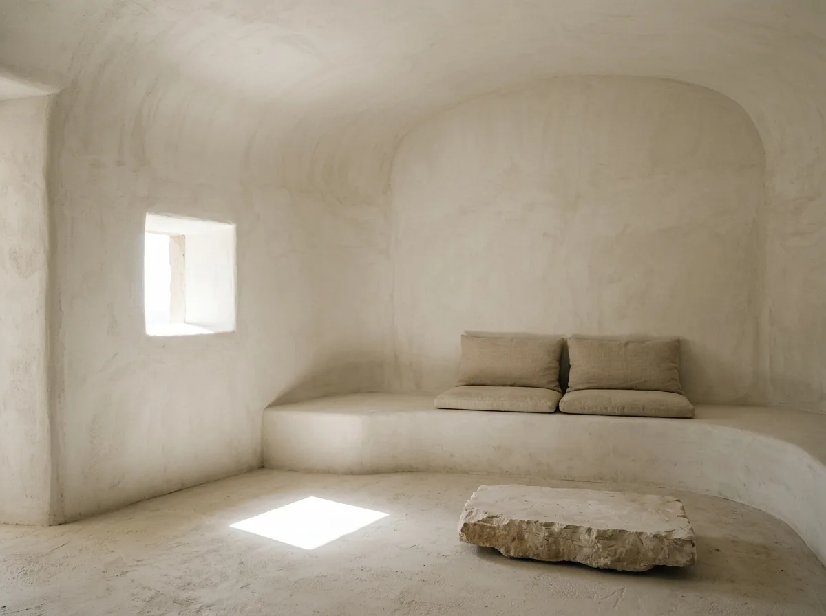 Organic Mediterranean Minimalism - Living: A bench and a pool of light