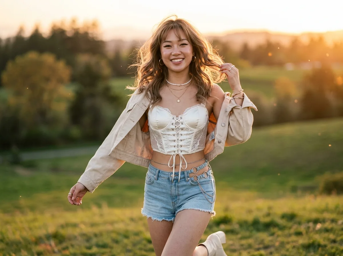 Sunset Meadow Backlight: Hair Strands Through Light and Turning Smile