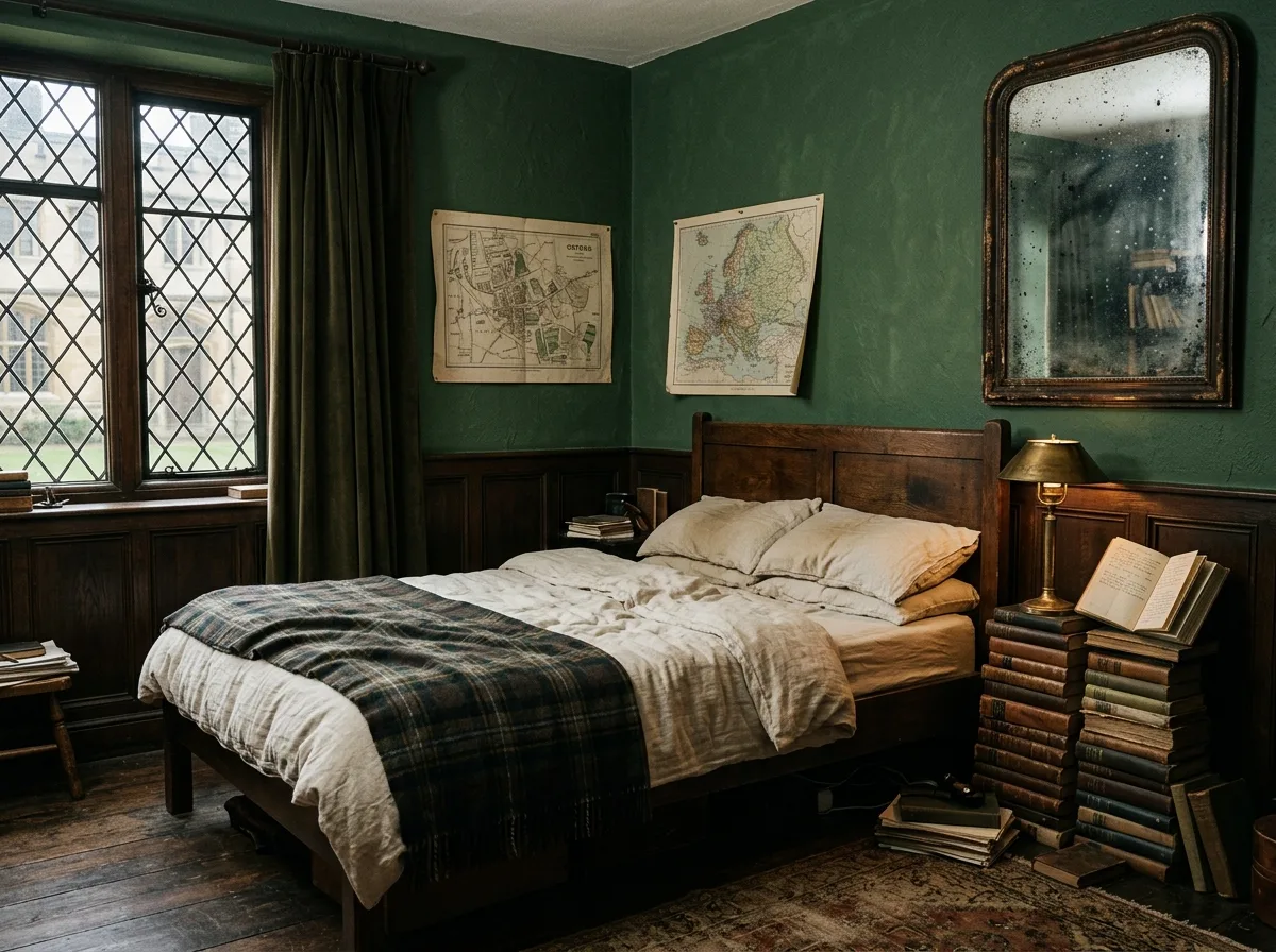 Dark Academy - Bedroom: Bed, Piles of Books, and a Lamp