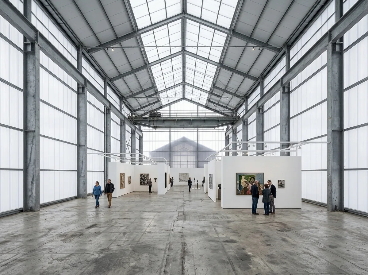 Exhibition Hall Interior Under a Translucent Facade: Steel Structure, Movable Partitions, and Diffused Light