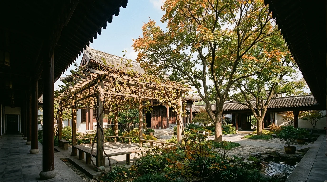 Three Layers of Shade: Building, Pergola, Tree