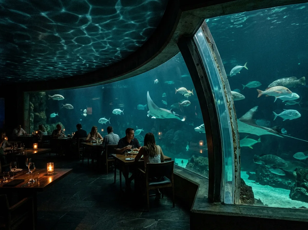 水中ダイニング：水族館の壁一面