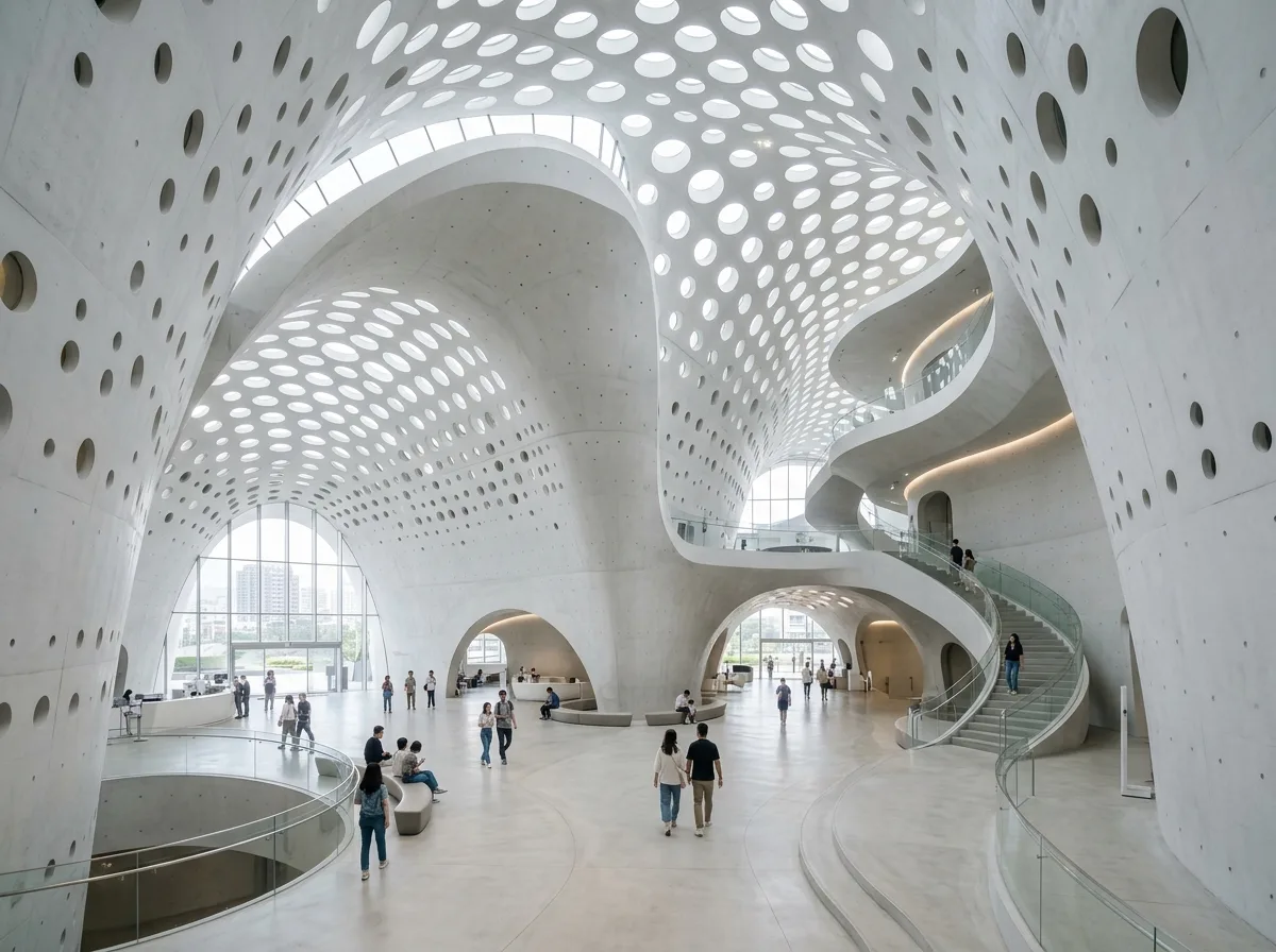 Catenary Curve Wall's Cave-like Theater Lobby: Circular Skylight and Column-Free Flowing Space