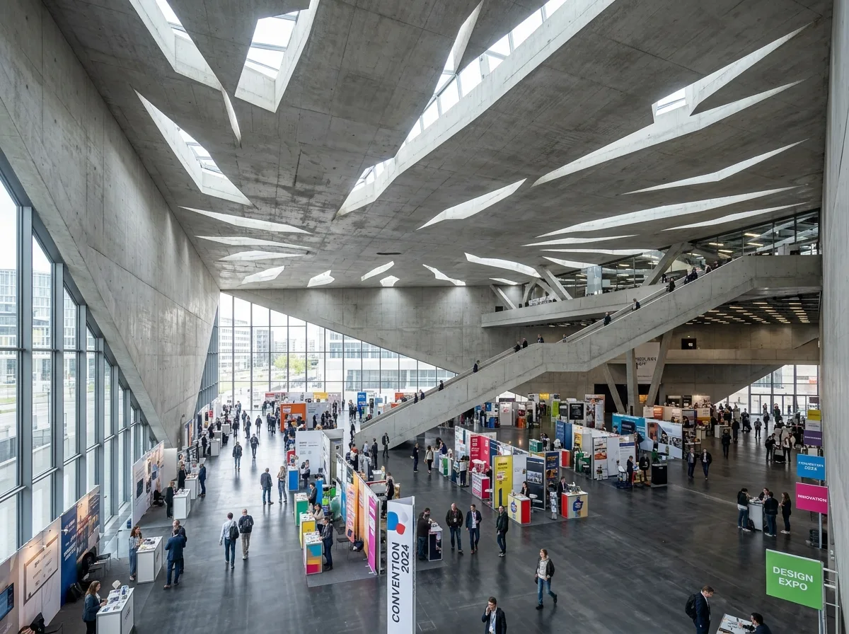 Exhibition Center Interior: Column-Free Hall and Monumental Circulation