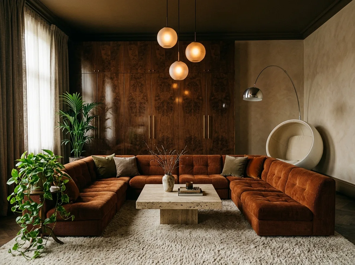 Modern Retro Luxury · Living Room: Modular Sofa and Travertine