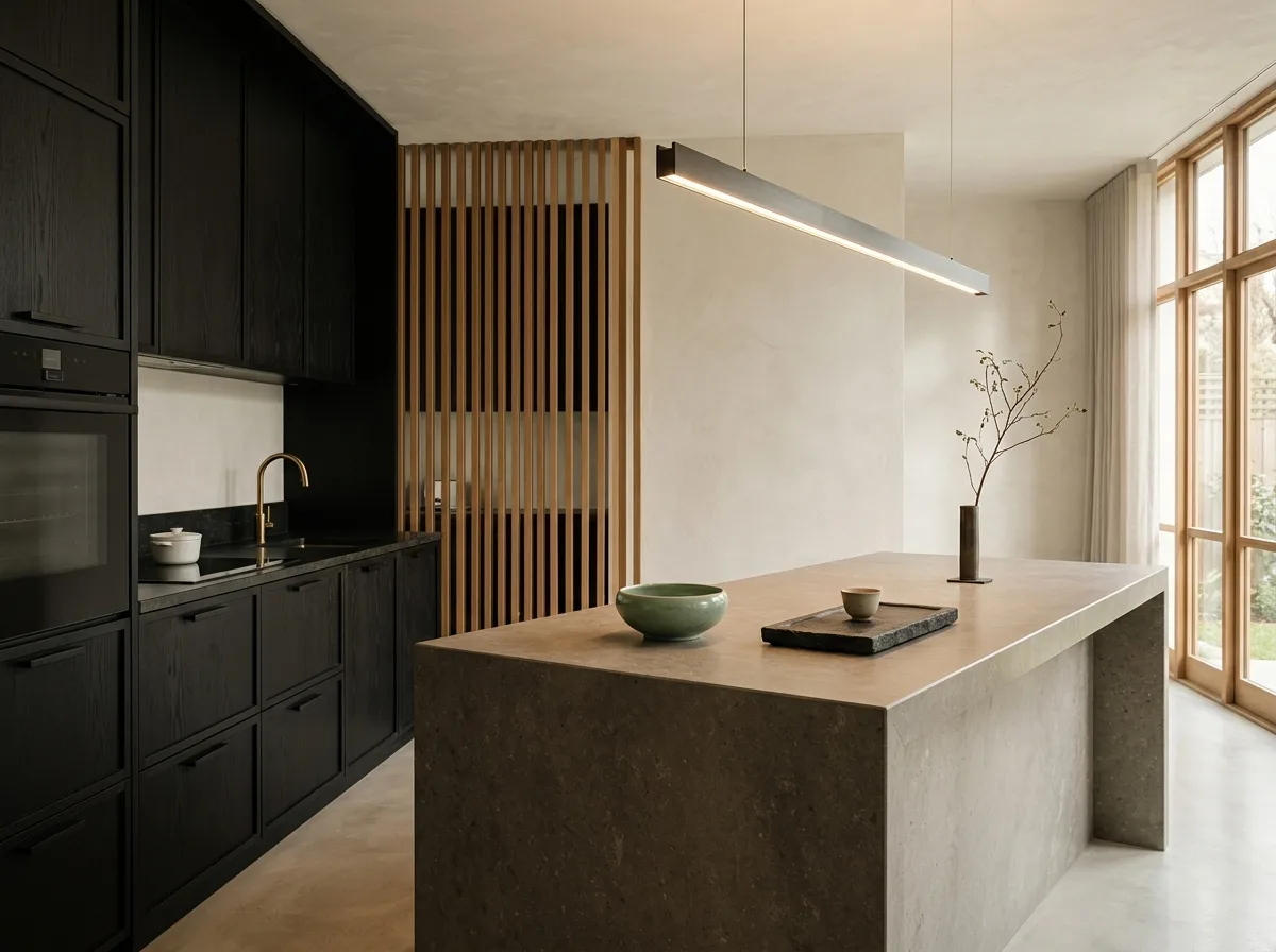 Neo-Chinese Kitchen: Black Wood Cabinetry & Stone Island