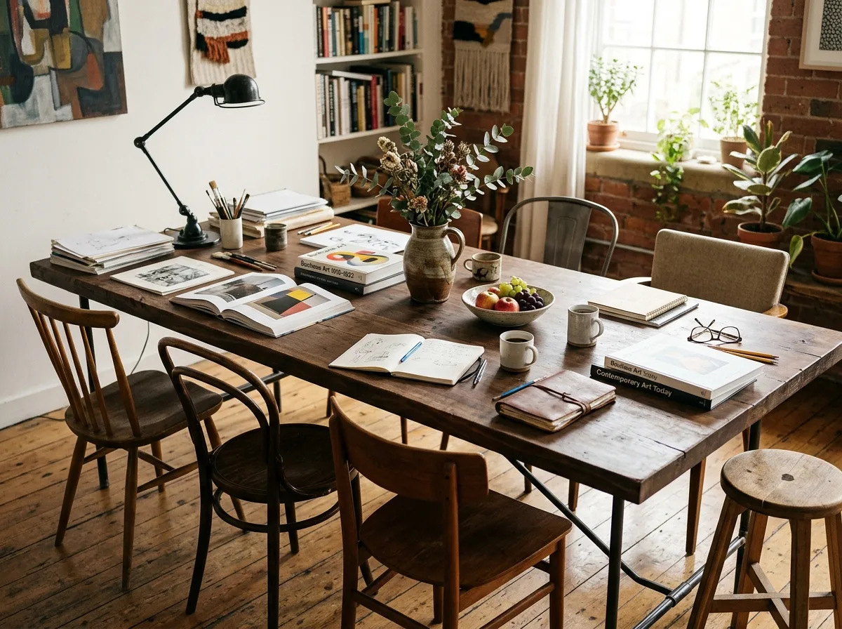 One large table: dining, work, and spread-out books