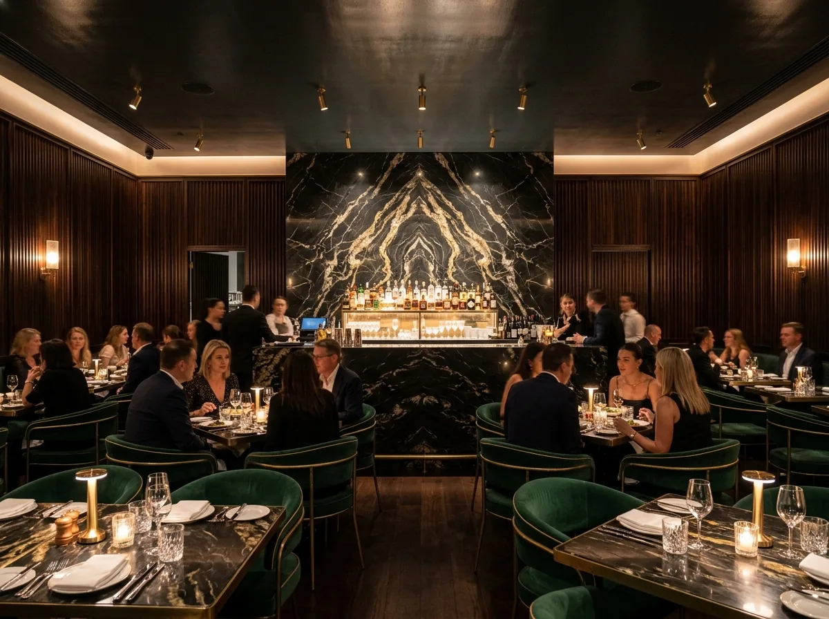 Dark Luxury Restaurant: Dark Stone, Velvet, and Metallic Sheen