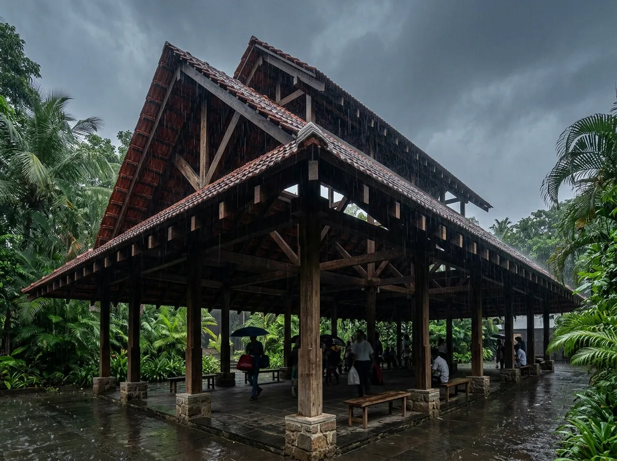 深い軒のキャノピー：東南アジアのモンスーン雨に対する斜めの遮蔽