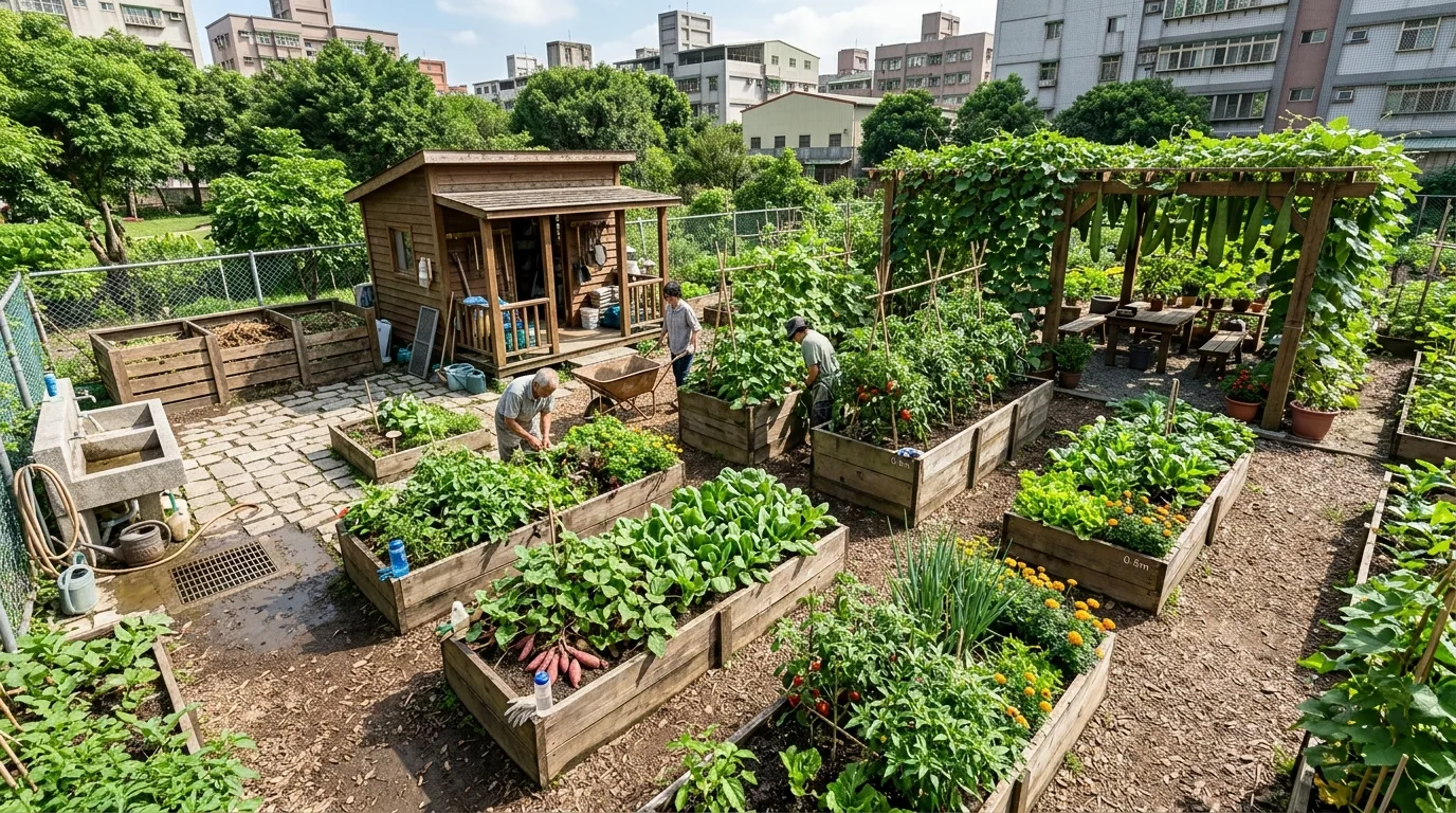 コミュニティガーデン：区画菜園・道具小屋・共用水場