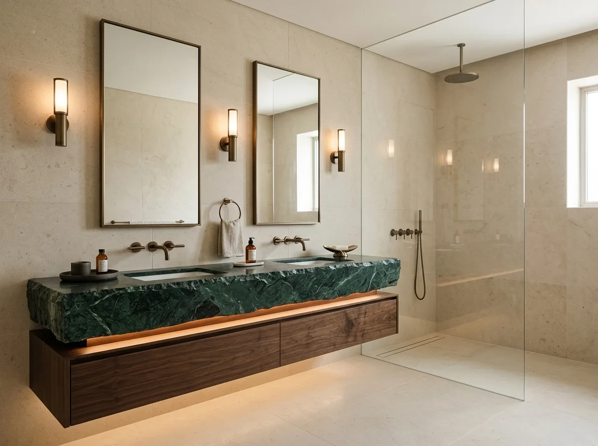 Italian Light Luxury · Master Bathroom: Green stone and brass