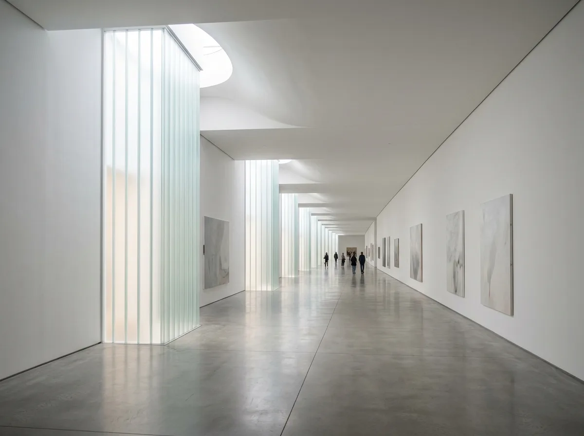 Underground Exhibition Hall Interior: Translucent Light Well and Longitudinal Axis of Vision