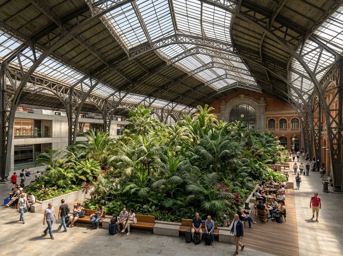 古い駅舎の熱帯庭園：屋内化された植物園