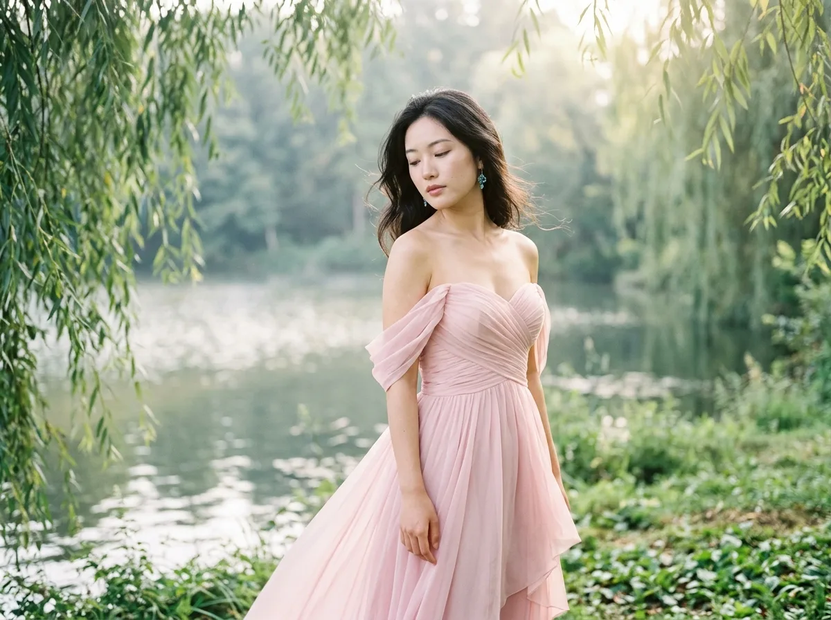 Willow Lake: Poetic Aerial View of a Light Pink Chiffon Gown