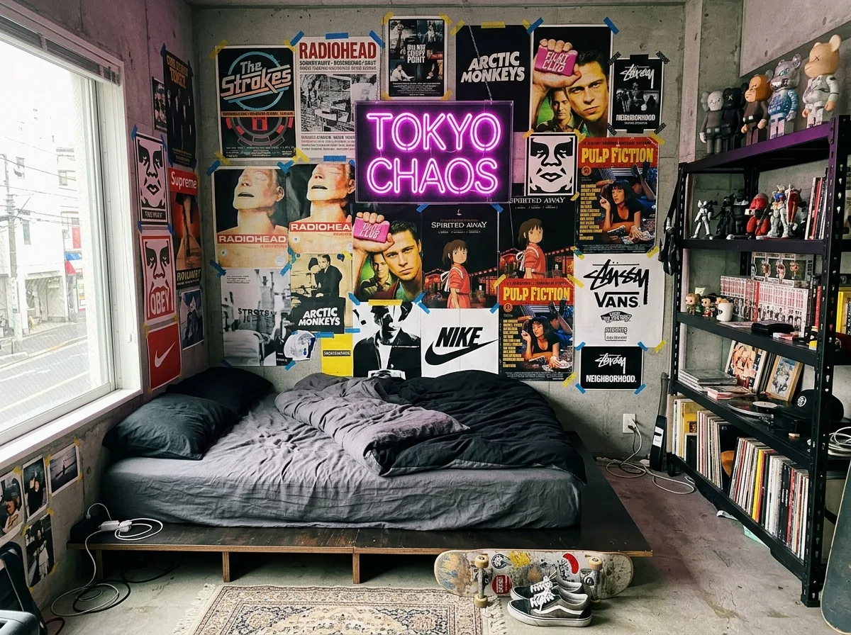 Street Style Bedroom: Poster Walls and Neon