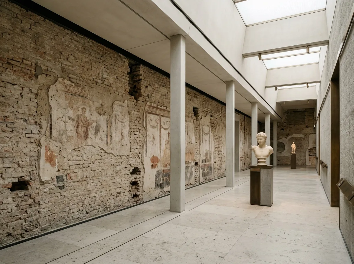 Restored Exhibition Hall Interior: Preserving War-Damaged Walls and Contemporary Insertions