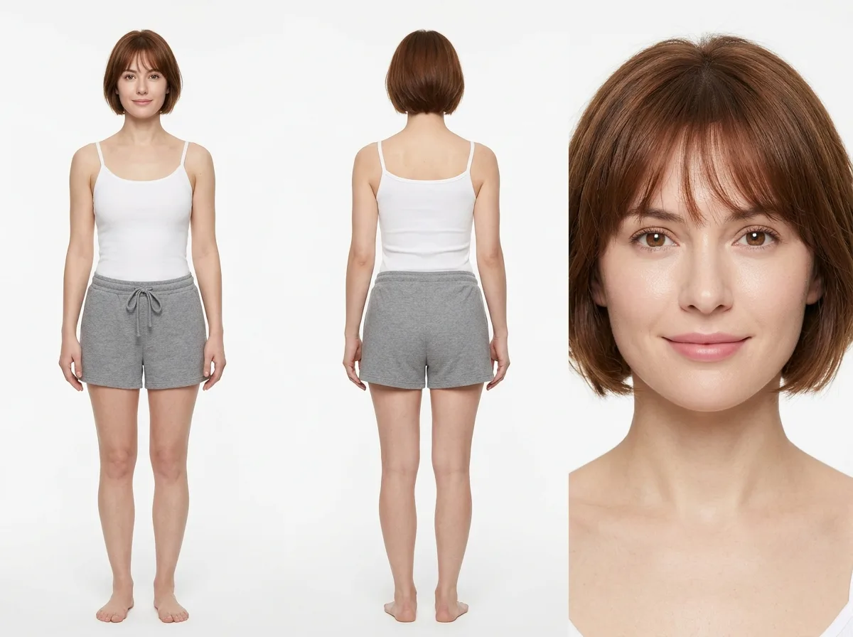 三面図キャラクター設定表：正面、背面、顔のクローズアップ