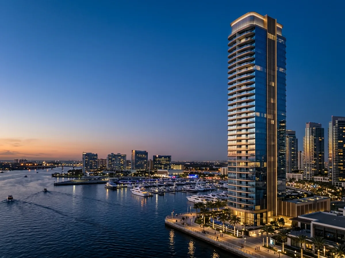 Waterfront Blue Glass Tower: Slender Volume and Harbor View Balcony