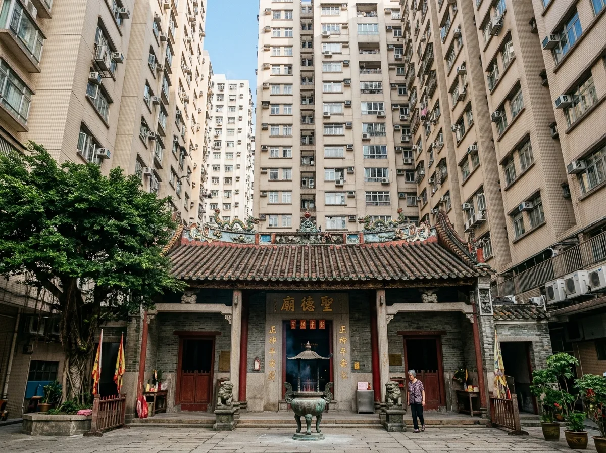 Temple Nestled Between High-Rises: Traditional Roof Ridge and Glass Background