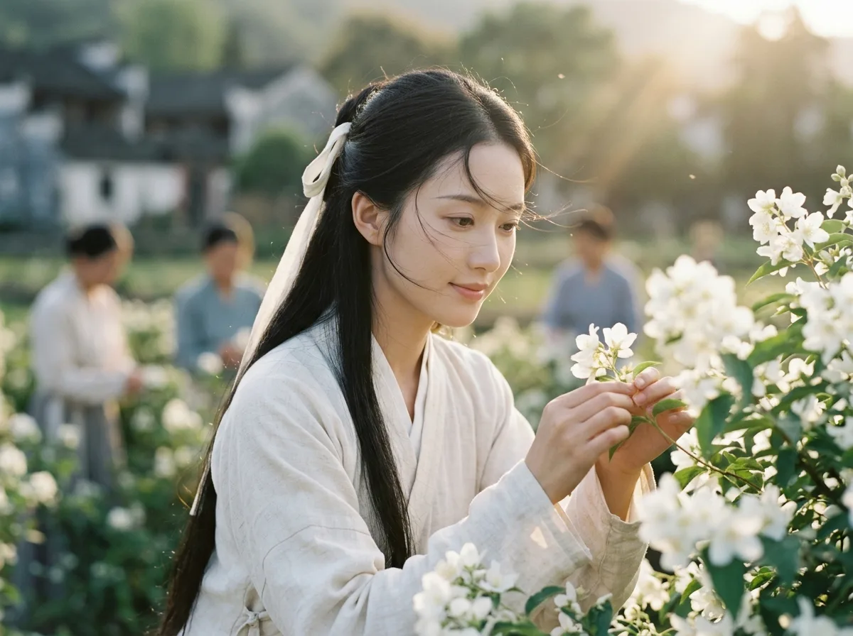 Jiangnan ancient village flower picking・Elegant Hanfu and warm golden backlight with a cinematic costume drama feel