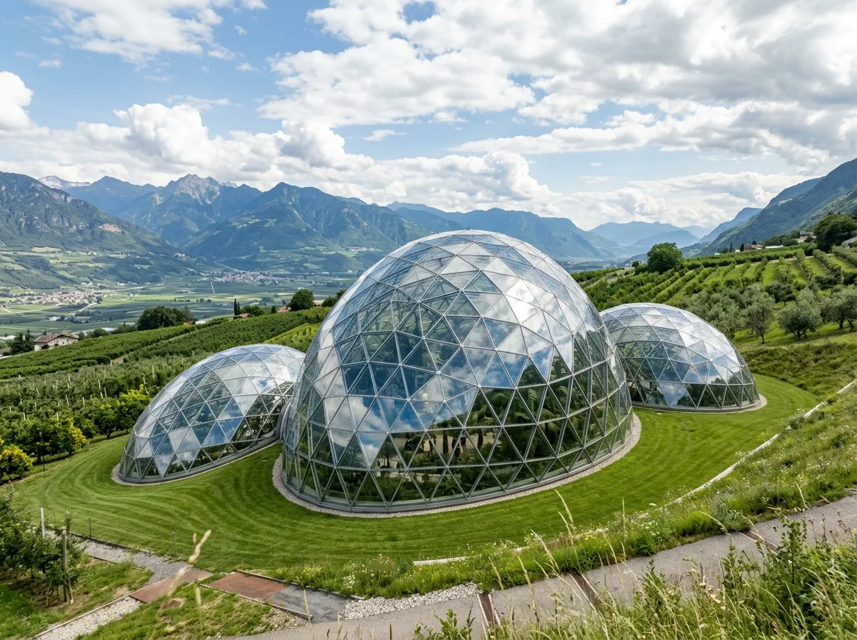 Glass-Shell Greenhouse Museum: Arched Roof and Fruit Tree Landscape