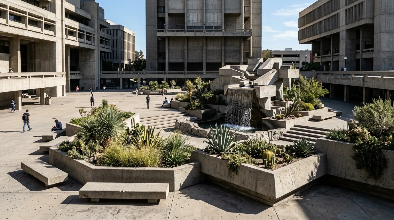Brutalist Eco-Plaza: Concrete and Drought-Tolerant Planting