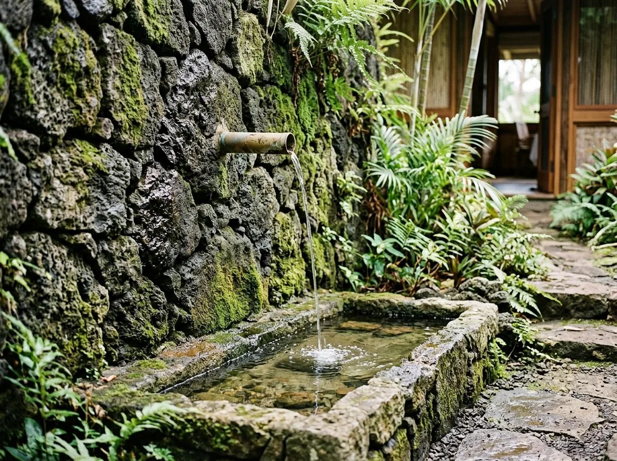 Sound of water: a thin stream falling from the wall