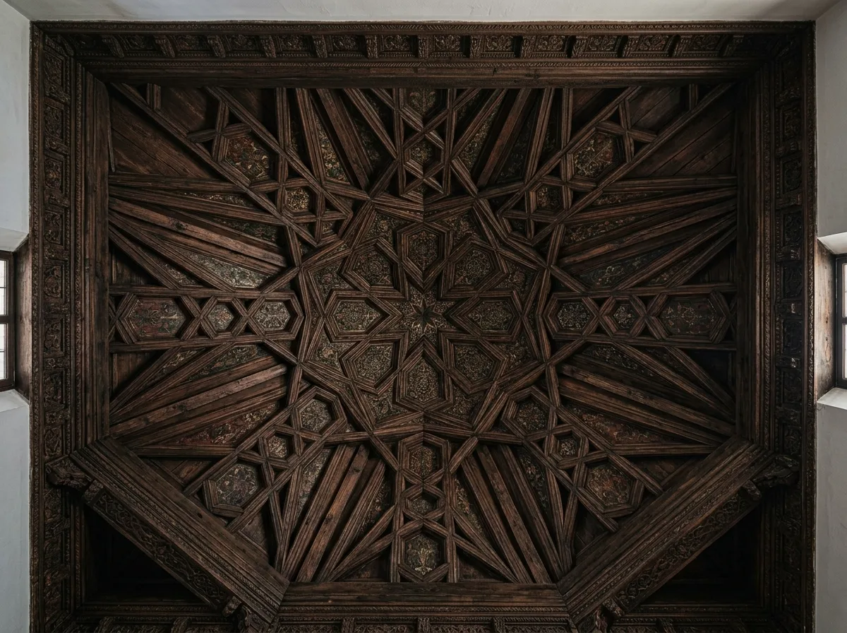 Cedar ceiling: geometric lattice and painting
