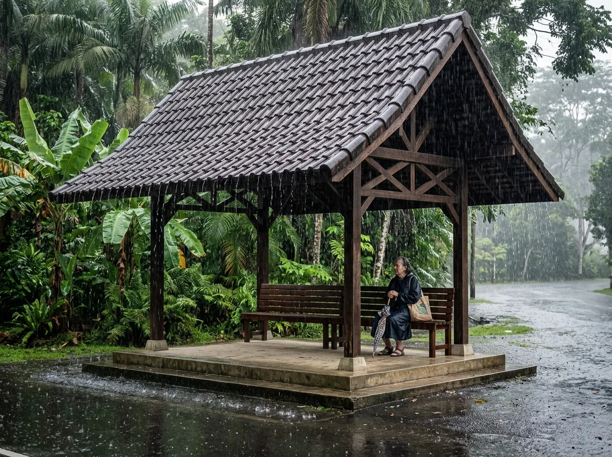 Tropical Downpour Bus Stop: Deep Eaves and Raised Floor